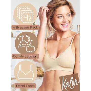 Kalon Women’s 4 Pack Demi Padded Bralette Wireless Comfortable Bra (X-Large, 4PK Light Beige)