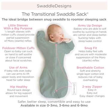 SwaddleDesigns Transitional Swaddle Sack With Arms Up Half-Length Sleeves and Mitten Cuffs, Heathere...