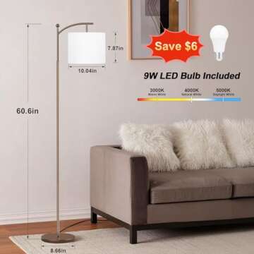 60" Floor Lamps for Living Room with 3 Color Temperatures, Adjustable White Shade with Brown Pole, T...