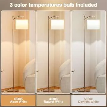 60" Floor Lamps for Living Room with 3 Color Temperatures, Adjustable White Shade with Brown Pole, Tall Lamps for Living Room Bedroom Office Classroom Dorm Room, 9W Bulb Included