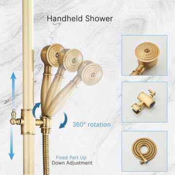 MOSSON Antique Brass Shower System Bathroom Shower Faucet Set with 8 Inch Rainfall Shower Head Handheld Spray 2 Cross Handles Wall Mounted Outdoor Shower Fixtures Solid Brass
