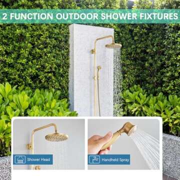 MOSSON Antique Brass Shower System Bathroom Shower Faucet Set with 8 Inch Rainfall Shower Head Handheld Spray 2 Cross Handles Wall Mounted Outdoor Shower Fixtures Solid Brass