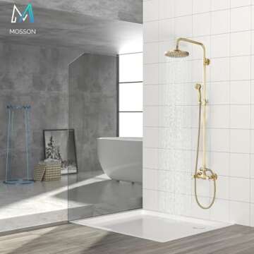 MOSSON Antique Brass Shower System Bathroom Shower Faucet Set with 8 Inch Rainfall Shower Head Handheld Spray 2 Cross Handles Wall Mounted Outdoor Shower Fixtures Solid Brass