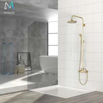 MOSSON Antique Brass Shower System Bathroom Shower Faucet Set with 8 Inch Rainfall Shower Head Handheld Spray 2 Cross Handles Wall Mounted Outdoor Shower Fixtures Solid Brass