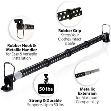 ZONETECH Car Expandable Clothes Hanger Bar - Premium Quality Classic Black Heavy Duty Retractable Vehicle Clothing Rod for Travel- Extendable 34” to 62"