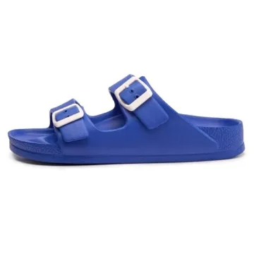 FUNKYMONKEY Women's Comfort Slides Double Buckle Adjustable EVA Flat Sandals (8 M US, Royal Blue)