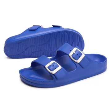 FUNKYMONKEY Women's Comfort Slides Double Buckle Adjustable EVA Flat Sandals (8 M US, Royal Blue)