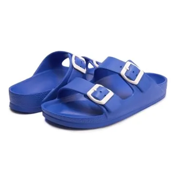 FUNKYMONKEY Women's Comfort Slides Double Buckle Adjustable EVA Flat Sandals (8 M US, Royal Blue)