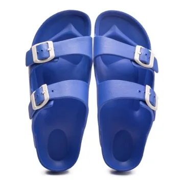 FUNKYMONKEY Women's Comfort Slides Double Buckle Adjustable EVA Flat Sandals (8 M US, Royal Blue)