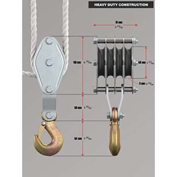 Block and Tackle Pulley System for Lifting Objects - SoB 4000LB Breaking Strength with 65 Feet of 3/8" Rope - 7:1 Lifting Power - Heavy Duty Rope Hoist Pulley System for Garage Warehouse Construction