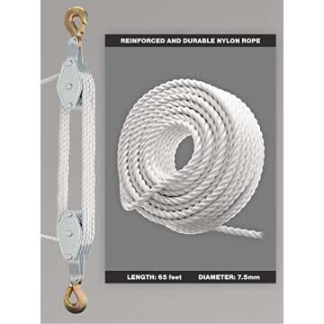 Block and Tackle Pulley System for Lifting Objects - SoB 4000LB Breaking Strength with 65 Feet of 3/8" Rope - 7:1 Lifting Power - Heavy Duty Rope Hoist Pulley System for Garage Warehouse Construction