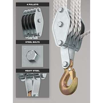 Block and Tackle Pulley System for Lifting Objects - SoB 4000LB Breaking Strength with 65 Feet of 3/8" Rope - 7:1 Lifting Power - Heavy Duty Rope Hoist Pulley System for Garage Warehouse Construction