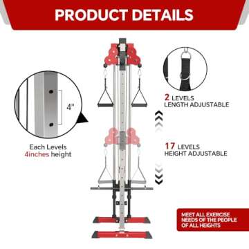 SPART Wall Mount Cable Station, LAT Pull Down and LAT Row LAT Tower Cable Corssover Machine with 17 Heights Adjustable Dual Pulley System High and Low Cable Machine, Home Gym Cable Crossover, Red
