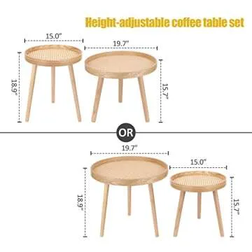 Round Coffee Table Set of 2, Natural Boho Coffee Table, Small Mid Century Modern Rattan Coffee Table, Boho Side Table End Tables for Living Room Bedroom Office
