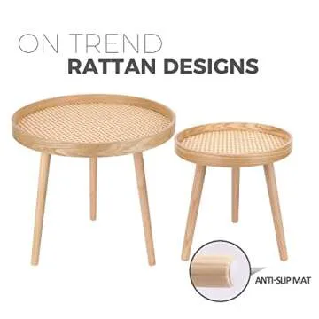 Round Coffee Table Set of 2, Natural Boho Coffee Table, Small Mid Century Modern Rattan Coffee Table, Boho Side Table End Tables for Living Room Bedroom Office