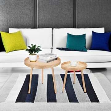 Round Coffee Table Set of 2, Natural Boho Coffee Table, Small Mid Century Modern Rattan Coffee Table, Boho Side Table End Tables for Living Room Bedroom Office
