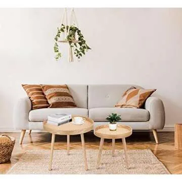 Round Coffee Table Set of 2, Natural Boho Coffee Table, Small Mid Century Modern Rattan Coffee Table, Boho Side Table End Tables for Living Room Bedroom Office
