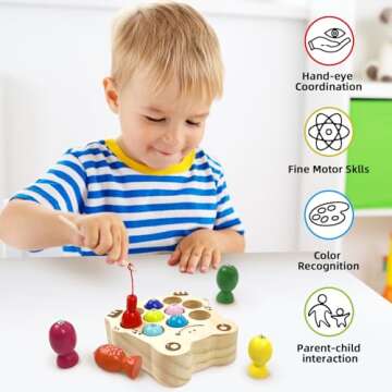 edutree Wooden Magnetic Fishing Game for Toddlers 1-3, Frog Fishing Color Sorting Montessori Sensory Preschool Educational Learning Fine Motor Skills Toys for 3 4 5 Years Old Boys Girls