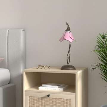 WERFACTORY Tiffany Lamp Pink Stained Glass Table Lamp, Metal Leaf Table Desk Reading Light 8X10X21 Inches Decor Small Space Bedroom Home Office S701 Series