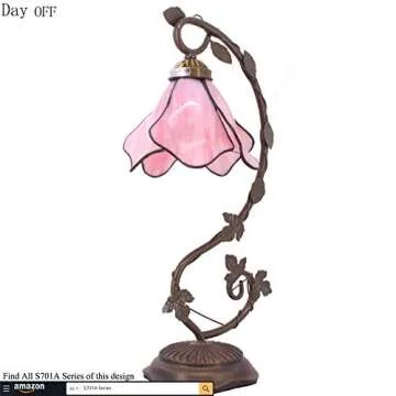 WERFACTORY Tiffany Lamp Pink Stained Glass Table Lamp, Metal Leaf Table Desk Reading Light 8X10X21 Inches Decor Small Space Bedroom Home Office S701 Series