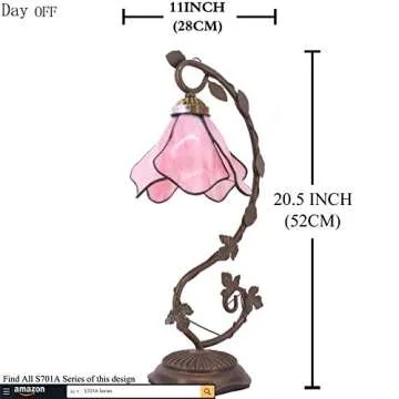 WERFACTORY Tiffany Lamp Pink Stained Glass Table Lamp, Metal Leaf Table Desk Reading Light 8X10X21 Inches Decor Small Space Bedroom Home Office S701 Series