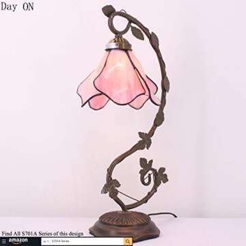 WERFACTORY Tiffany Lamp Pink Stained Glass Table Lamp, Metal Leaf Table Desk Reading Light 8X10X21 Inches Decor Small Space Bedroom Home Office S701 Series