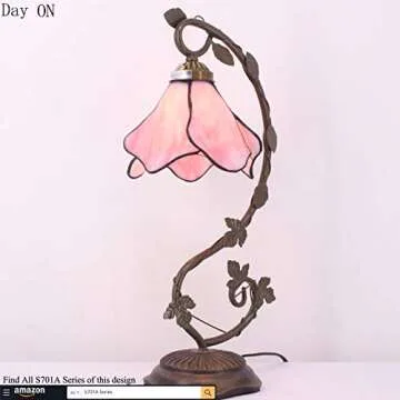 WERFACTORY Tiffany Lamp Pink Stained Glass Table Lamp, Metal Leaf Table Desk Reading Light 8X10X21 Inches Decor Small Space Bedroom Home Office S701 Series