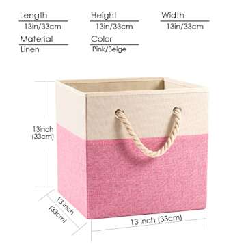 PRANDOM Large Foldable Cube Storage Bins 13x13 inch [2-Pack] Fabric Linen Storage Baskets Cubes Drawer with Cotton Handles Organizer for Shelves Nursery Closet Bedroom Pink
