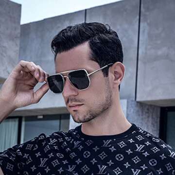 AIEYEZO Square Aviator Sunglasses for Men Women Fashion Vintage Diamond Cutting Lens Classic Militar...