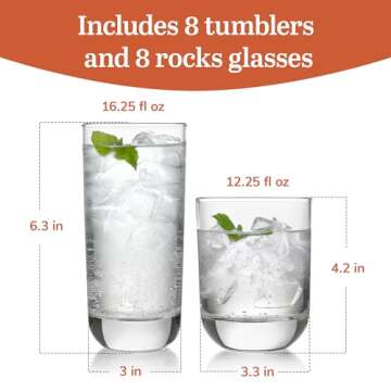 Libbey 31631 Polaris 16-Piece Tumblers and Rocks Glass Set, Drinkware Glasses Set of 15.2 Oz Tumbler & 11.1 Oz Rock Glasses, Clear Drinking Glasses Set of 16