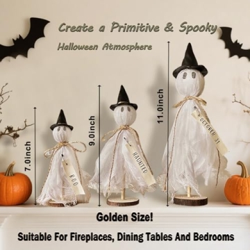 LINLINGTOYS Halloween Decorations Indoor - 3 Set Primitive Halloween Ghosts with Hat, Wooden Stand G...