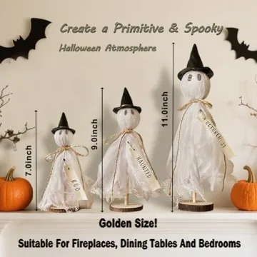 LINLINGTOYS Halloween Decorations Indoor - 3 Set Primitive Halloween Ghosts with Hat, Wooden Stand G...