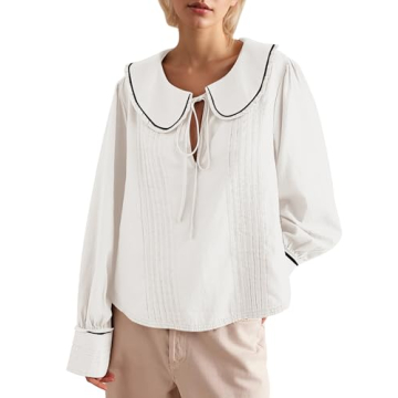 ICOBID Women Cute Tie Up Contrast Binding Blouse Shirt Loose Fit V Neck Long Sleeve Blouse Top Lapel...