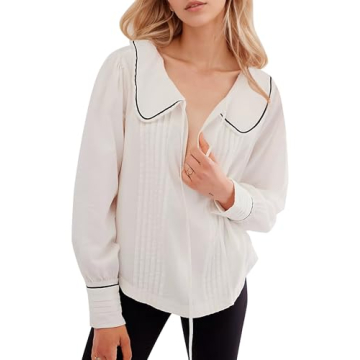 ICOBID Women Cute Tie Up Contrast Binding Blouse Shirt Loose Fit V Neck Long Sleeve Blouse Top Lapel Button Cuff Shirts White