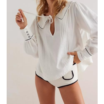 ICOBID Women Cute Tie Up Contrast Binding Blouse Shirt Loose Fit V Neck Long Sleeve Blouse Top Lapel Button Cuff Shirts White