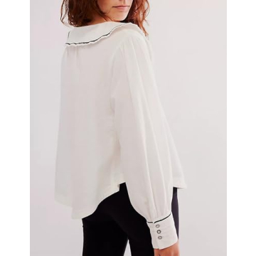 ICOBID Women Cute Tie Up Contrast Binding Blouse Shirt Loose Fit V Neck Long Sleeve Blouse Top Lapel Button Cuff Shirts White