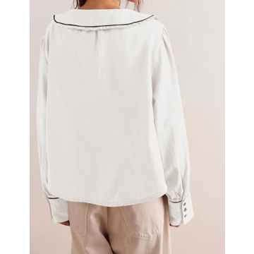 ICOBID Women Cute Tie Up Contrast Binding Blouse Shirt Loose Fit V Neck Long Sleeve Blouse Top Lapel Button Cuff Shirts White