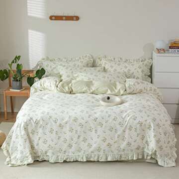 VM VOUGEMARKET Romantic Ruffle Duvet Cover Set Twin Girls Princess Style Green Floral Stripes Beddin...