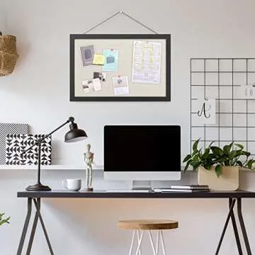 AKTOP Cork Board Bulletin Board with Linen 16.7" X 11", Small Framed Corkboard for Wall, Hanging Pin Board Picture Board for Home Office Decor, Cute Vision Board with 8 Pushpins (Classic Black)