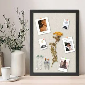 AKTOP Cork Board Bulletin Board with Linen 16.7" X 11", Small Framed Corkboard for Wall, Hanging Pin Board Picture Board for Home Office Decor, Cute Vision Board with 8 Pushpins (Classic Black)