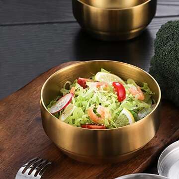 Roucerlin 4Pack Thick 304 Stainless Steel Bowls, Small Double Wall Rice Bowls, Stainless Steel Soup Bowl Salad Bowl Noodle Bowl, Metal Bowls for Fruit Cereal Snack Appetizer (Gold, 4.7in)