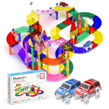 PicassoTiles 80 Piece Race Car Track Building Block Educational Toy Set with 2 Light-Up Cars for STE...