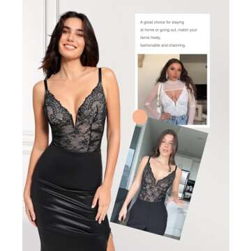 Popilush Lace Body Suits Women Shapewear Bodysuit Tummy Control Deep V Neck Backless Corset Tops Tho...