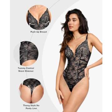 Popilush Lace Body Suits Women Shapewear Bodysuit Tummy Control Deep V Neck Backless Corset Tops Thong Body Shaper