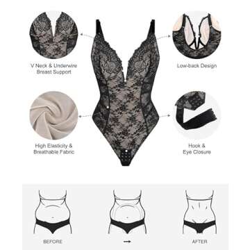 Popilush Lace Body Suits Women Shapewear Bodysuit Tummy Control Deep V Neck Backless Corset Tops Thong Body Shaper