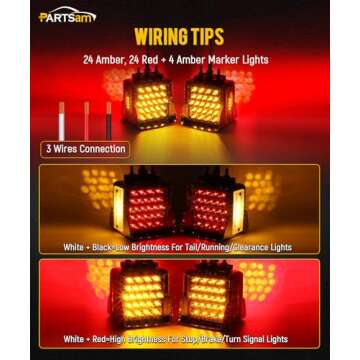 Partsam Pair Truck Trailer 52 LED Red/Amber Square Double Face Pedestal Fender Stop Turn Tail Lights Three Stud Mount Bezel Visor Waterproof Replacement for Peterbilt/Kenworth/Freightliner Trucks