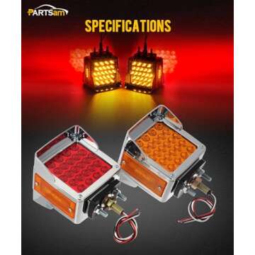 Partsam Pair Truck Trailer 52 LED Red/Amber Square Double Face Pedestal Fender Stop Turn Tail Lights Three Stud Mount Bezel Visor Waterproof Replacement for Peterbilt/Kenworth/Freightliner Trucks