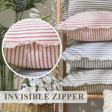 ZWJD Throw Pillow Covers 24x24 Set of 2 Striped Pillow Covers with Fringe Chic Cotton Decorative Pillows Square Cushion Covers for Sofa Couch Bed Living Room Farmhouse Decor