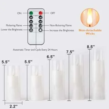 Amagic Pure White Flameless Candles, Battery Operated Candles, Acrylic Flickering LED Pillar Candles with Remote Control and Timer, 3D Wick, Yellow and Blue Glow, D2.2 xH5 5" 6" 7" 8", Set of 5