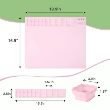 Aubeco Silicone Craft Mat with Built in Cleaning Cup and Paint Holder, Art Silicone Mat Large, 19.9"x16.9" Clay Mat, Nonslip Room Silicone mat for Painting, Table, Resin and Play, Pink